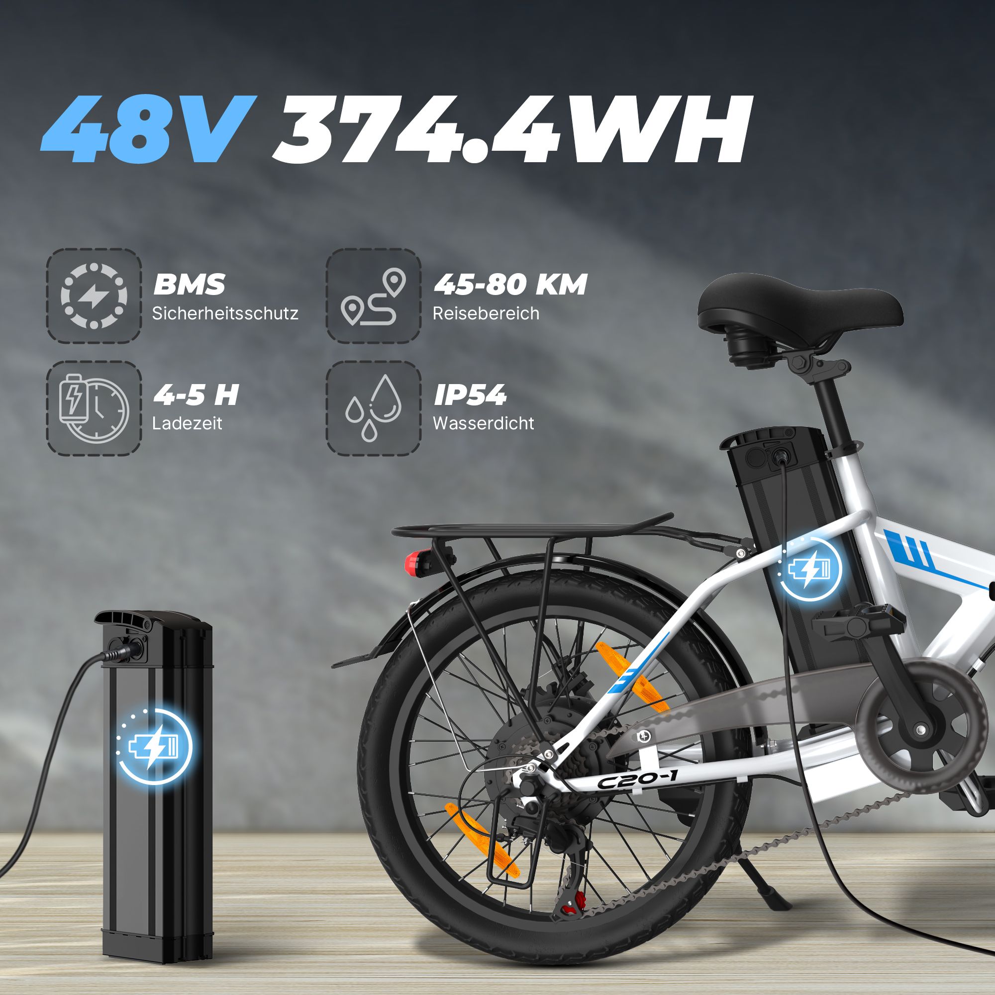 Faltbares E-Bike VARUN C20-1. Schwarzer Akku wird geladen. 48V, 374.4WH. Reichweite 45-80 km. IP54 wasserdicht.