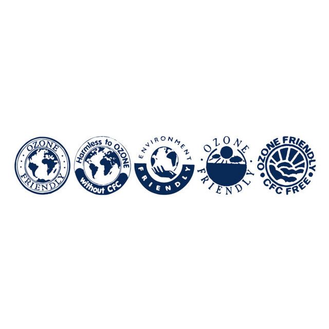 Fünf runde Logos mit den Texten: Ozonfreundlich, Harmlos für Ozon, Umweltfreundlich, Ozonfreundlich, Ozonfreundlich CFC-frei.