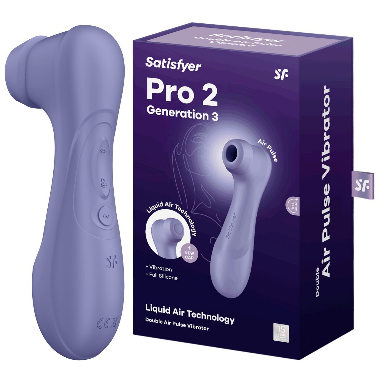 Lila Satisfyer Pro 2 Vibrator, Rückseite. Zeigt das Logo und die CE-Kennzeichnung.