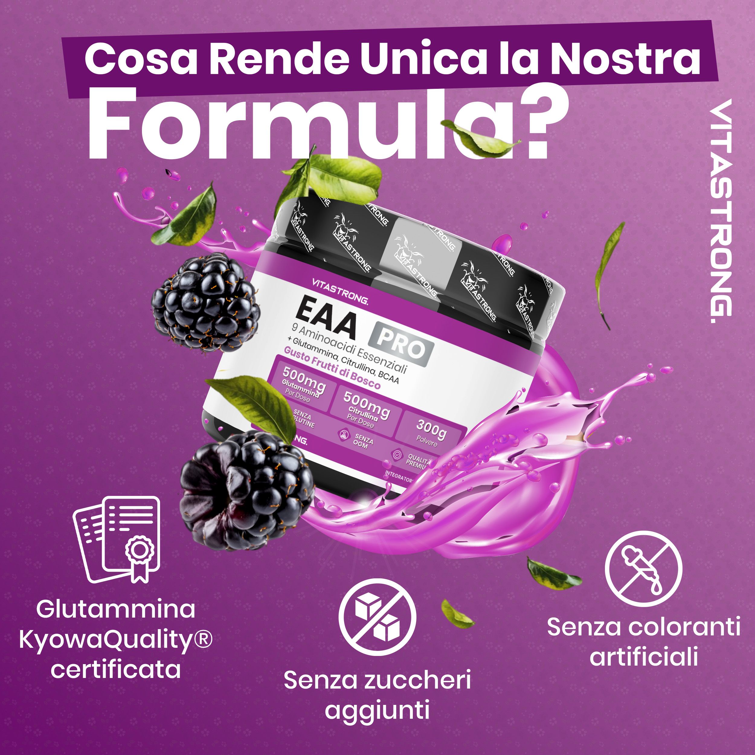 Vitastrong EAA Pro, Dose. Brombeeren und Text: Glutamin, ohne Zucker, ohne Farbstoffe. Zertifiziert.
