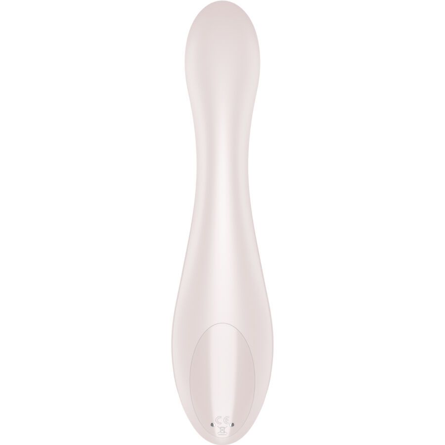 Ein heller, geschwungener Vibrator mit geriffelten Akzenten und einem glatten, ovalen Griff.