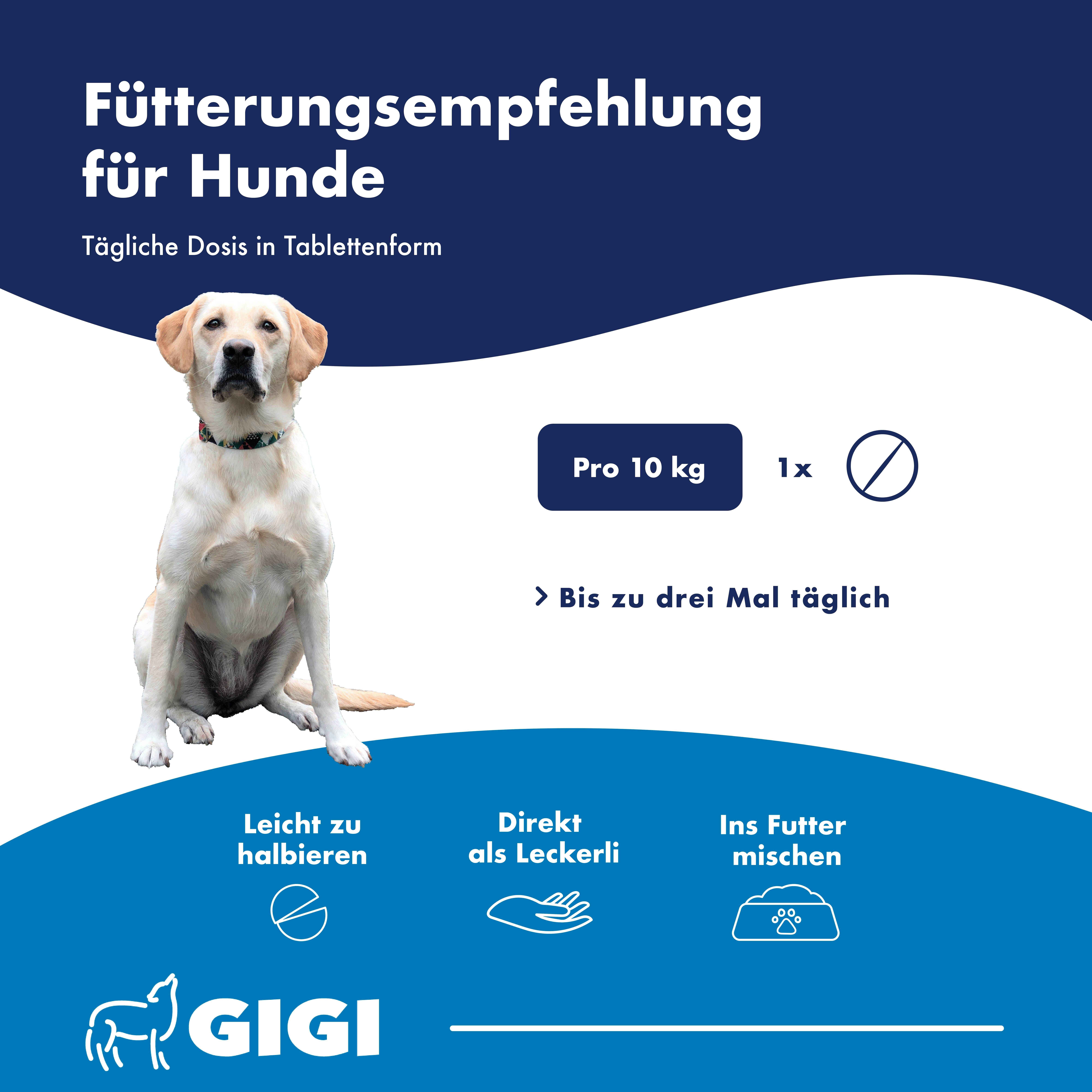 Fütterungsempfehlung für Hunde: Bis zu drei Tabletten täglich, je nach Gewicht, leicht zu verabreichen.