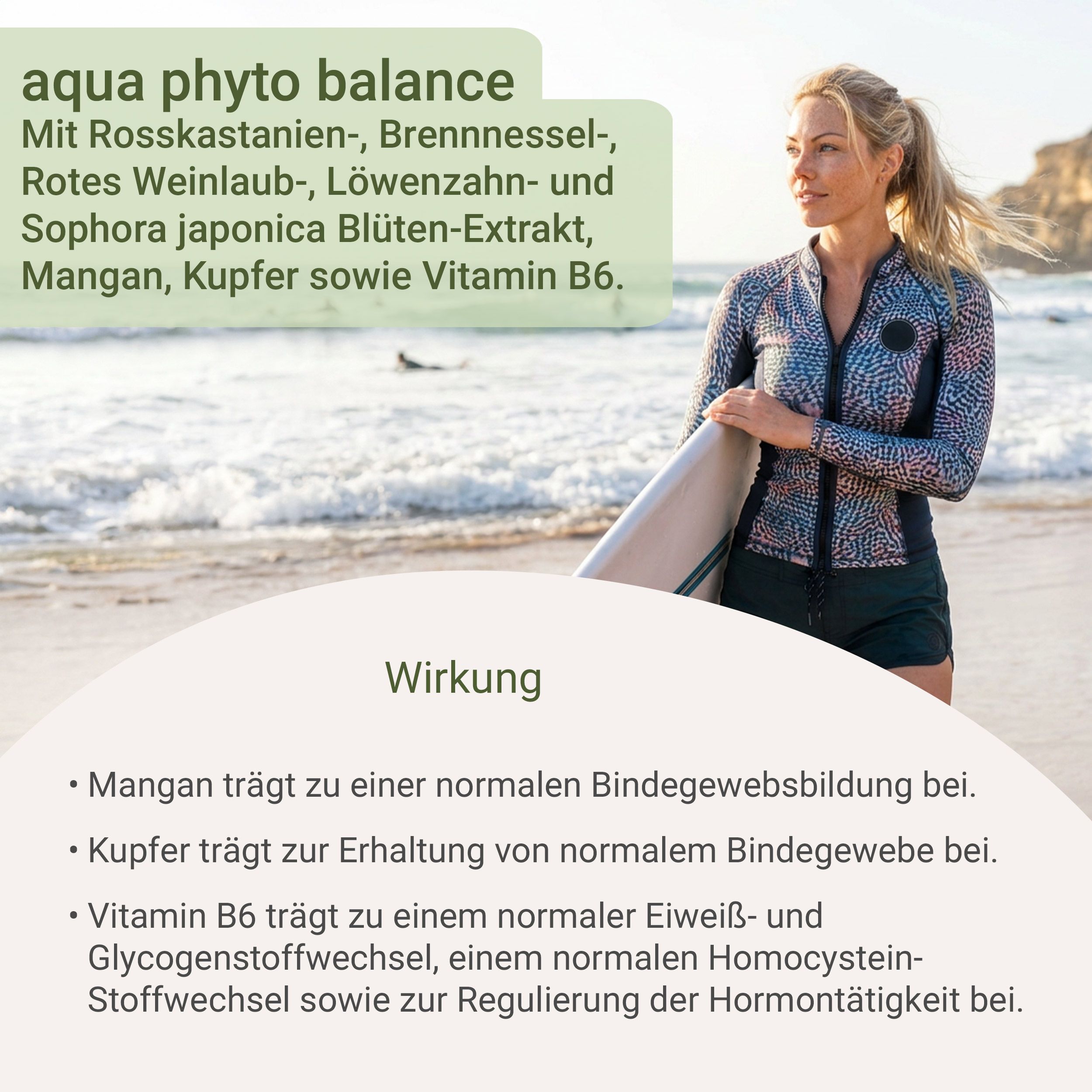 Frau mit Surfbrett am Strand, mit Text über die Wirkung von Aqua Phyto Balance.