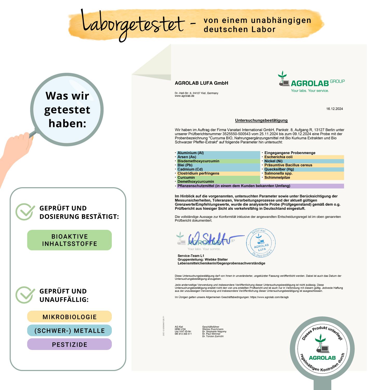 Laborbericht mit Testergebnissen. Bestätigung für bioaktive Inhaltsstoffe, Mikrobiologie, Schwermetalle und Pestizide.
