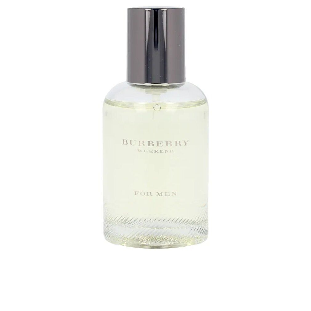 Burberry Weekend Eau de Toilette für Männer. Flakon mit silbernem Deckel. Aufschrift: Burberry Weekend, For Men.