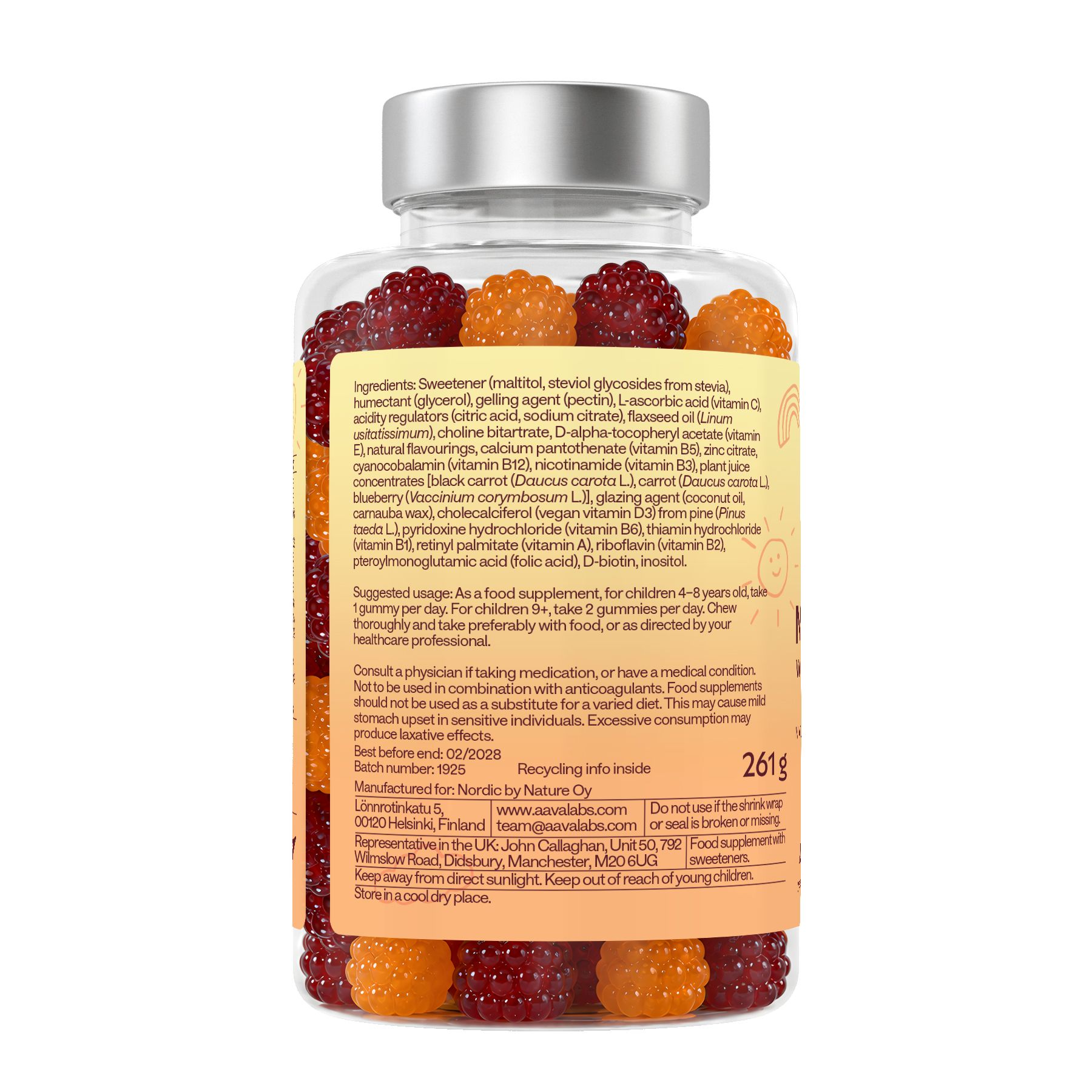 Rückseite einer Flasche mit Kindern-Multivitamin-Gummibärchen, zeigt Nährwertangaben und Inhaltsstoffe.