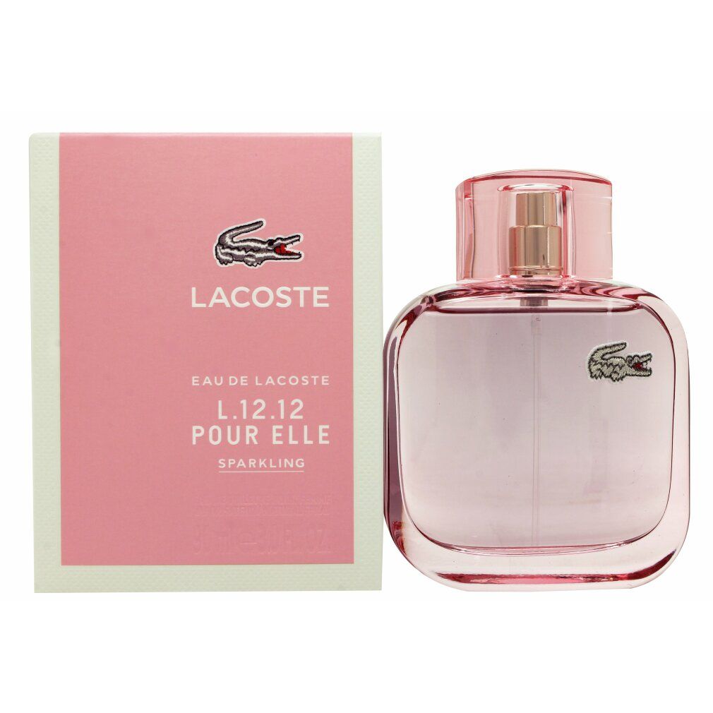 Rosa Lacoste Eau de Lacoste l.12.12 Pour Elle Sparkling Flakon und Verpackung. Krokodil-Logo. Text: Sparkling.