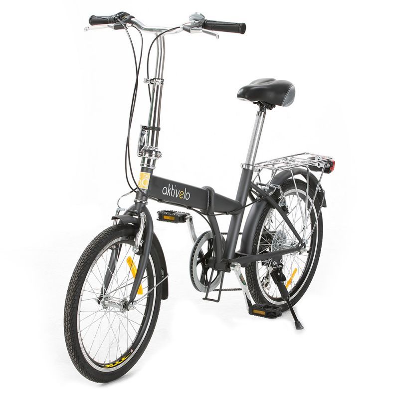 Graues Faltrad, 20 Zoll, von vorne. Sichtbar: aktivelo-Logo, schwarze Reifen, silberfarbene Lenkstange, Pedale.