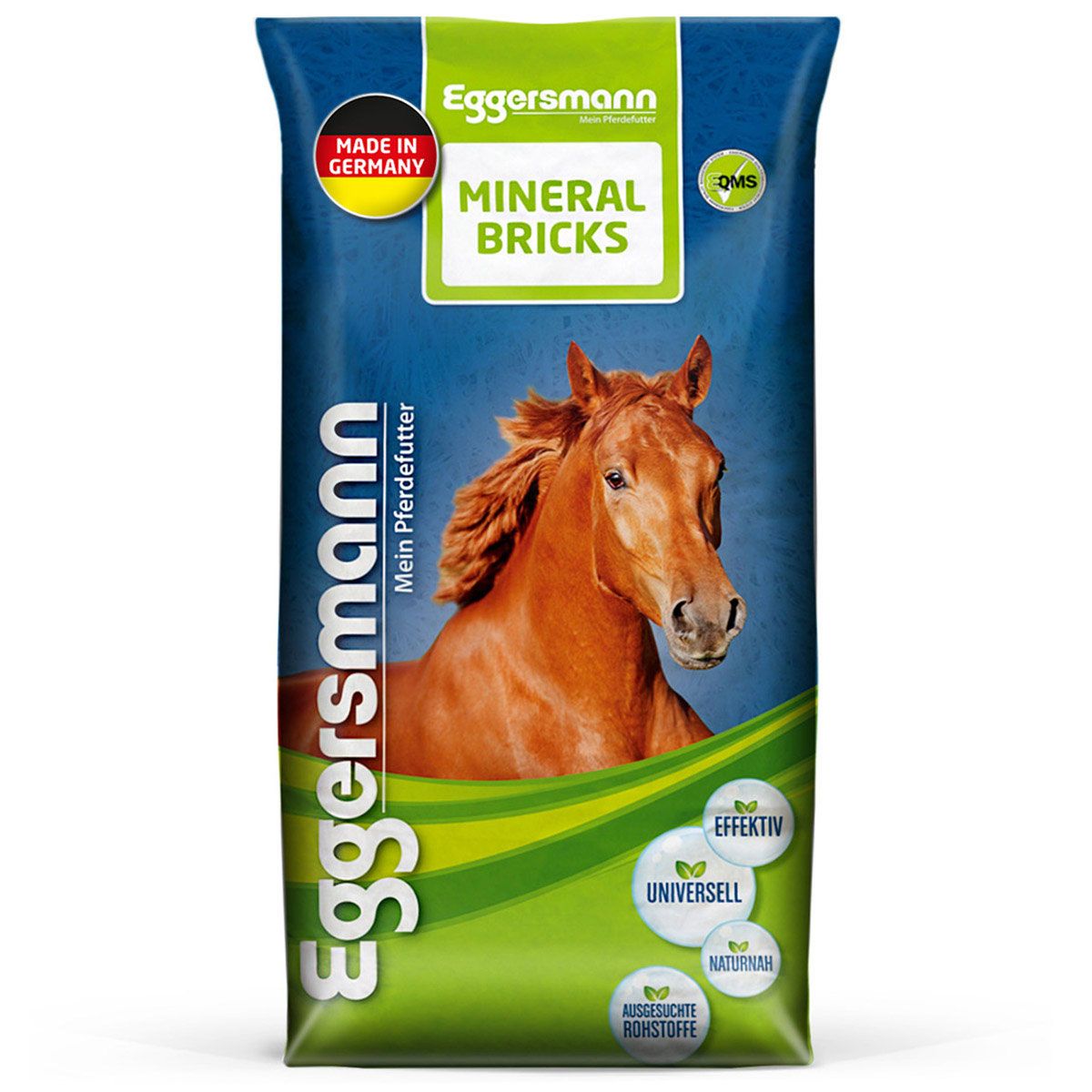 Eggersmann Mineral Bricks Pferdefutter-Sack mit Pferdeabbildung und deutschen Siegeln.