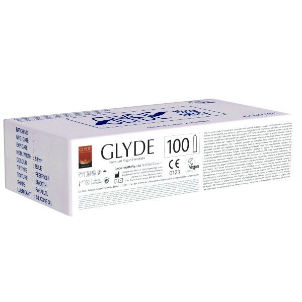 Weiße Verpackung mit Produktnamen GLYDE und der Aufschrift 100. CE-Kennzeichnung und Vegan-Siegel sind ebenfalls sichtbar.