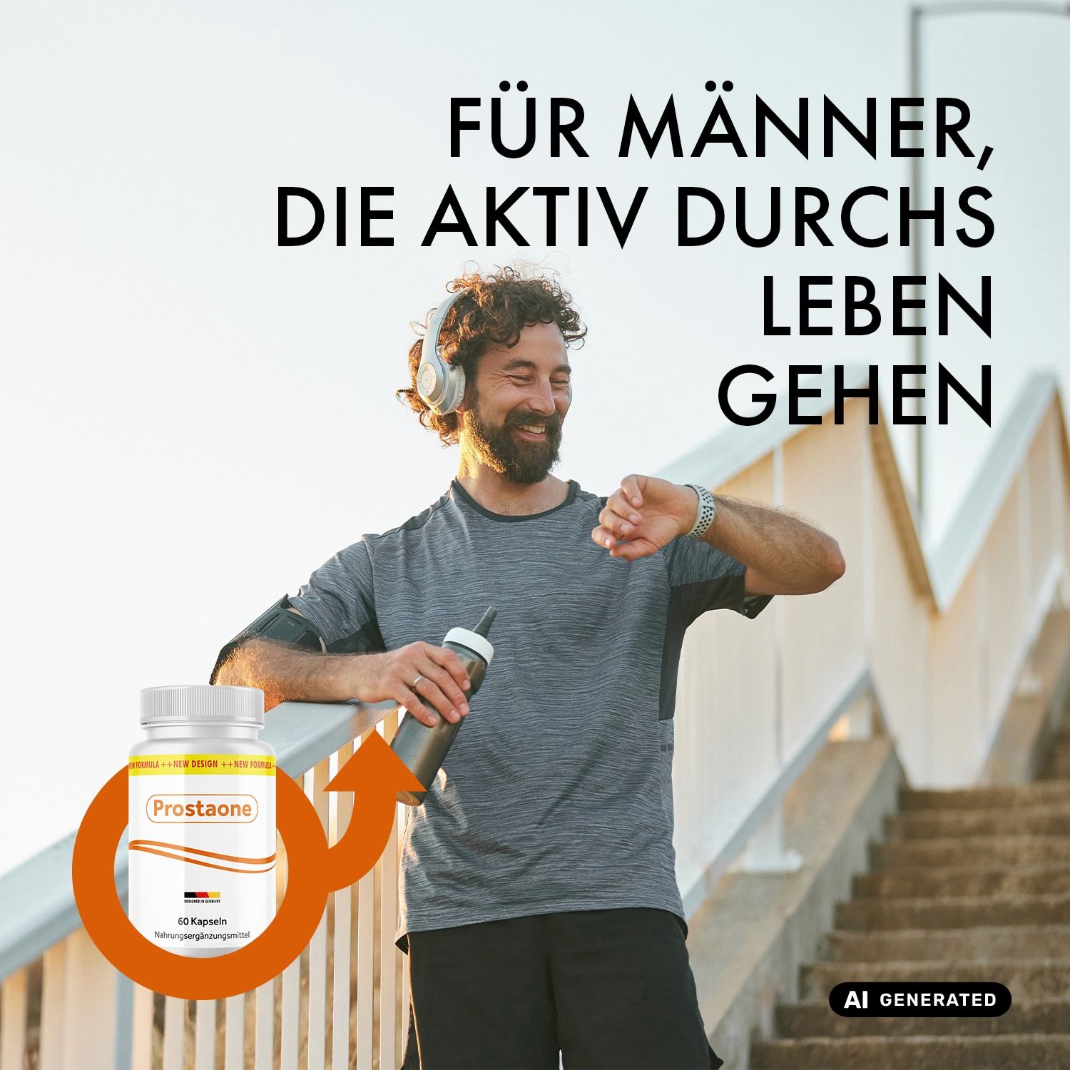 Läufer mit Kopfhörern schaut auf seine Uhr, neben einer Flasche Prostaoone Kapseln.