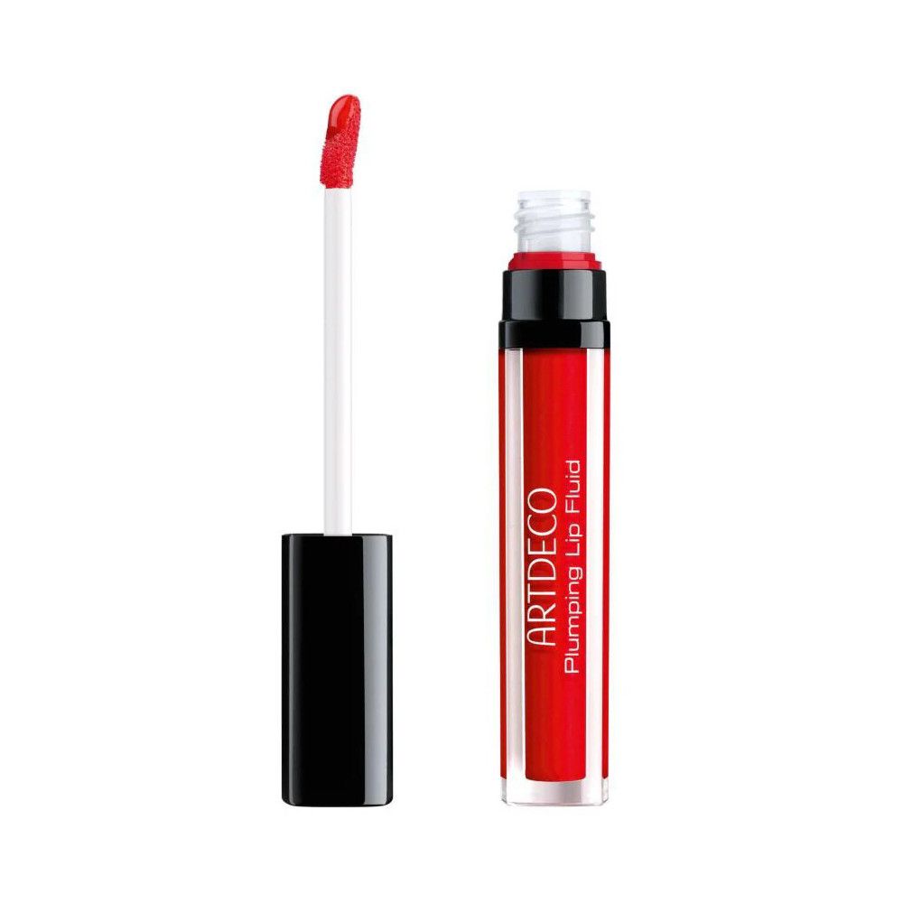 Artdeco Plumping Lip Fluid Fiery Red: Roter Lippenstift mit Applikator und schwarzem Deckel.