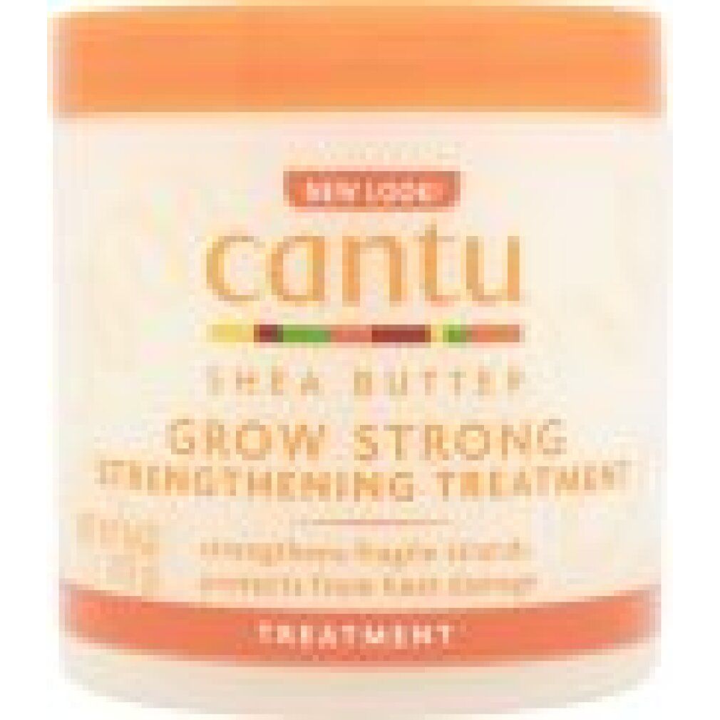 Cantu Shea Butter Grow Strong Treatment. Weißes Gefäß mit orangefarbenem Deckel. Text: Grow Strong, Shea Butter, 173g, New Look!
