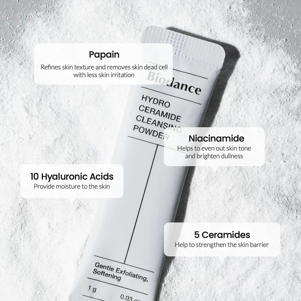 Einzelbeutel des BIODANCE Hydro Ceramide Cleansing Powder. Textfelder mit Inhaltsstoffen: Papain, Niacinamid, Hyaluronsäure, Ceramide.
