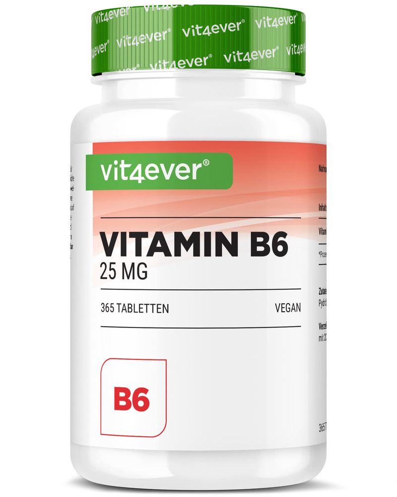 Weißes Pillenfläschchen mit grünem Deckel. Aufschrift: Vitamin B6 25 mg, 365 Tabletten. Vegan. Vit4ever Logo.