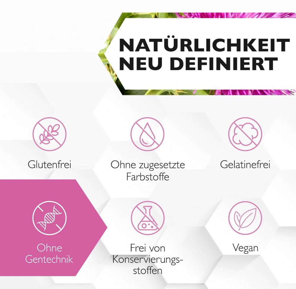 Text: Natürlichkeit neu definiert. Logos: Glutenfrei, ohne Farbstoffe, gelatinefrei, ohne Gentechnik, ohne Konservierungsstoffe, vegan.