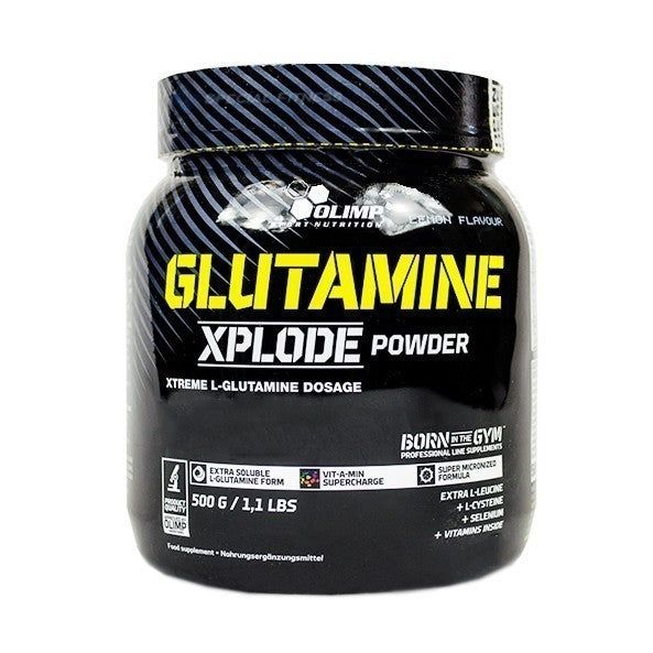 Olimp L-Glutamine Xplode Pulver in schwarzem Behälter mit gelbem Schriftzug. 500g / 1,1 lbs.