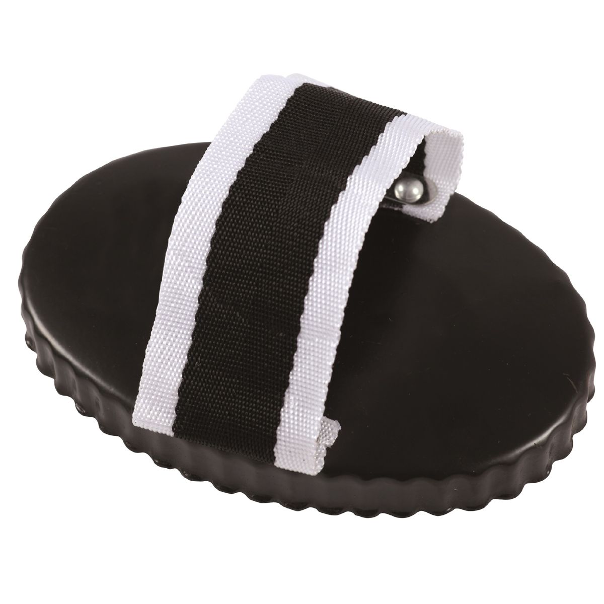 Schwarzer Striegel mit weiß-schwarzem Gurt. Oval, mit geriffelter Kante. Metallstriegel.