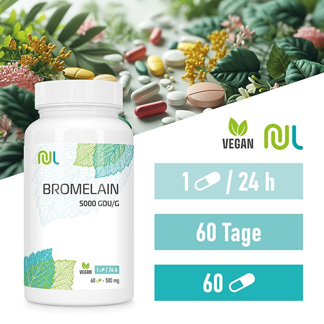 Weiße Flasche mit "NL"-Logo und "BROMELAIN"-Schriftzug. Enthält 5000 GDU/G. Vegan-Siegel. 1 Kapsel/24h. 60 Tage.