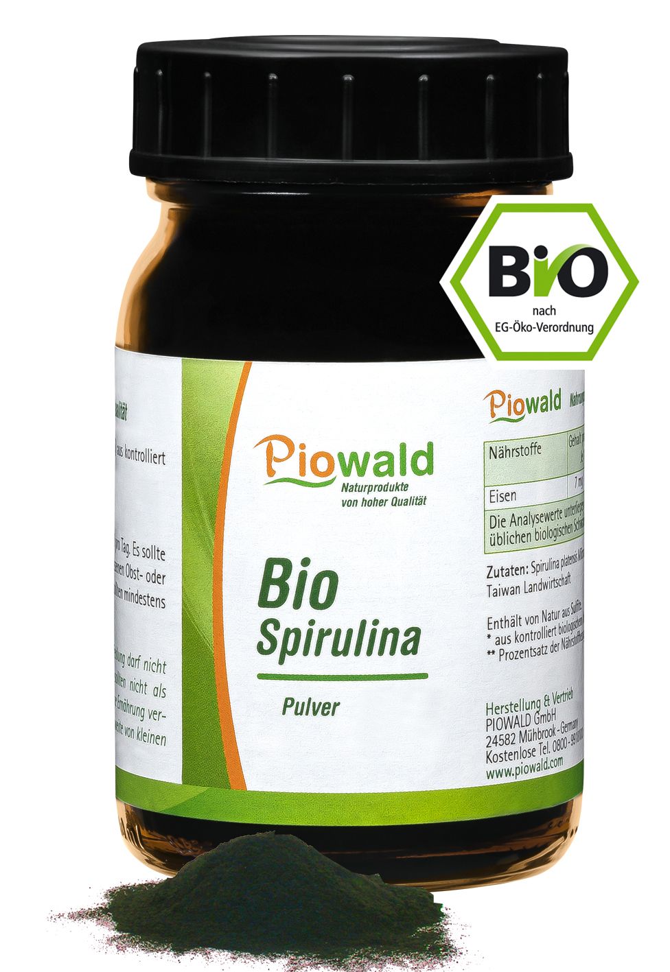 Braune Glasdose mit schwarzem Deckel. Aufschrift: Bio Spirulina Pulver. Bio-Siegel. Grünes Pulver daneben.