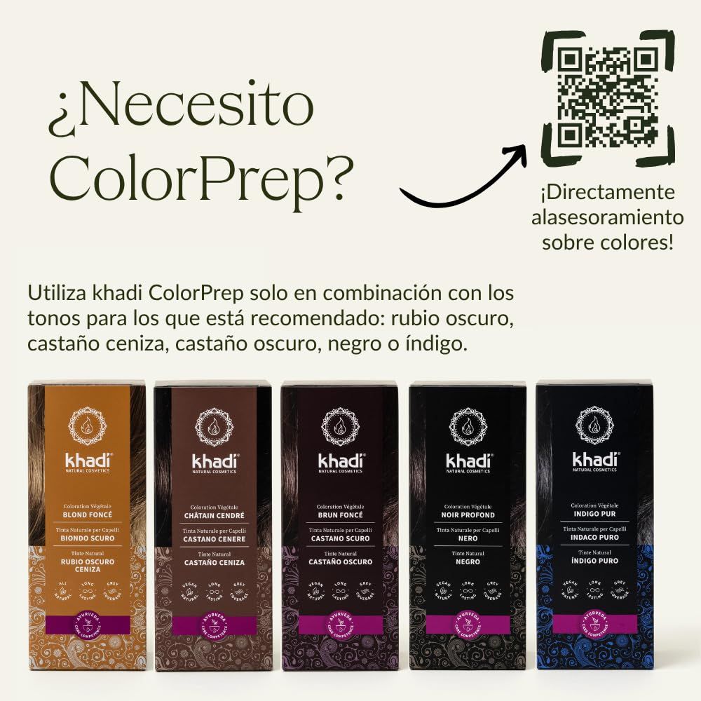 Fünf Schachteln Khadi ColorPrep. Text: ¿Necesito ColorPrep? Farben: Rubio Oscuro, Castaño Ceniza, Castaño Oscuro, Negro, Indigo Puro.