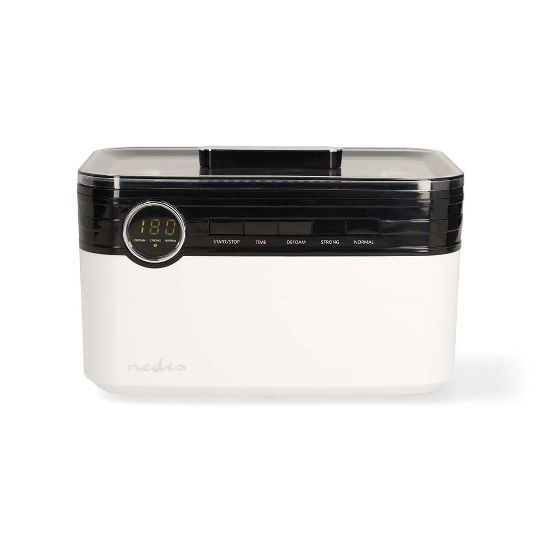 Weiß-schwarzer Ultraschall-Schmuckreiniger mit digitaler Anzeige und Bedienelementen. Marke: Nedis.