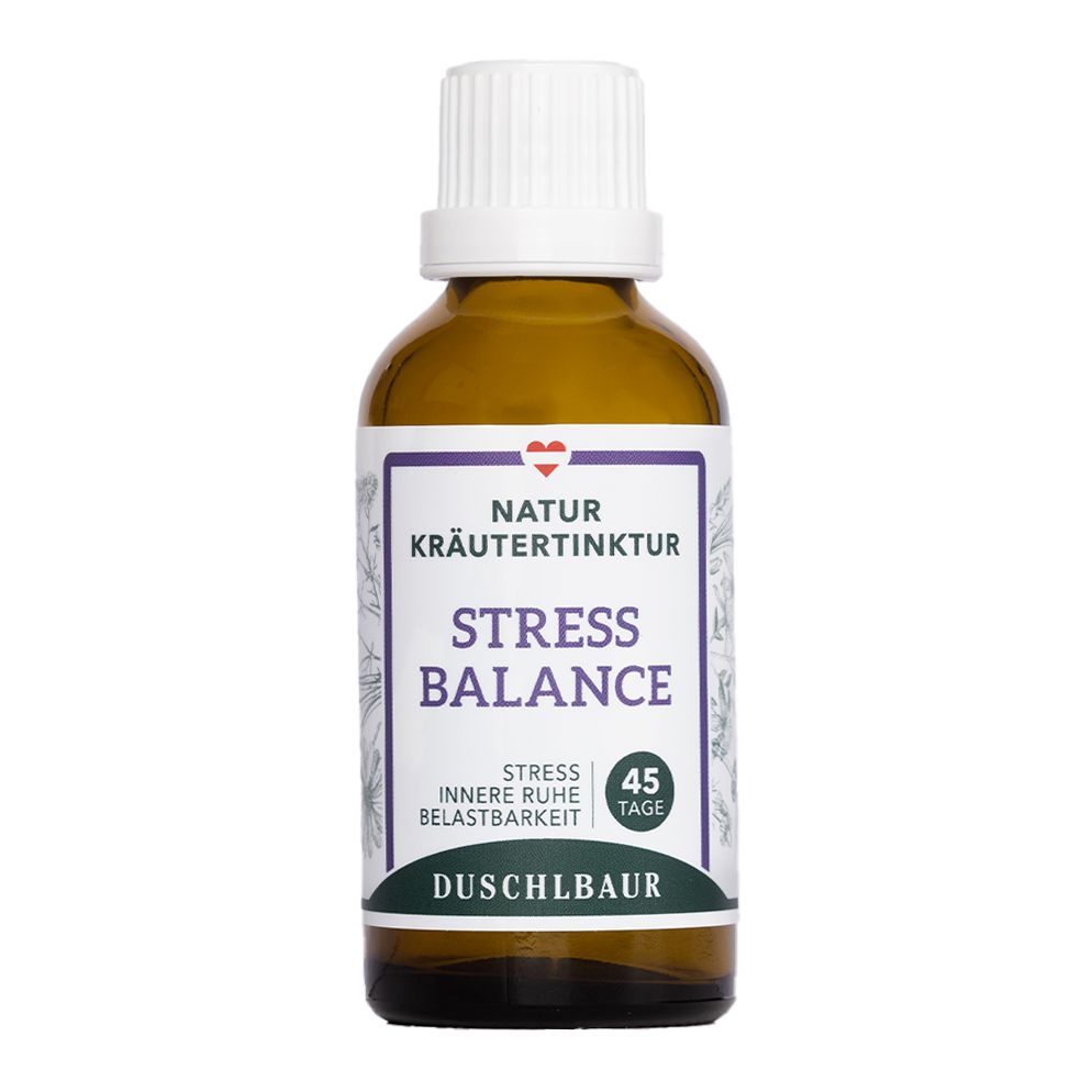 Braune Glasflasche mit weißem Schraubverschluss. Etikett mit 'STRESS BALANCE' und Kräuterabbildungen.