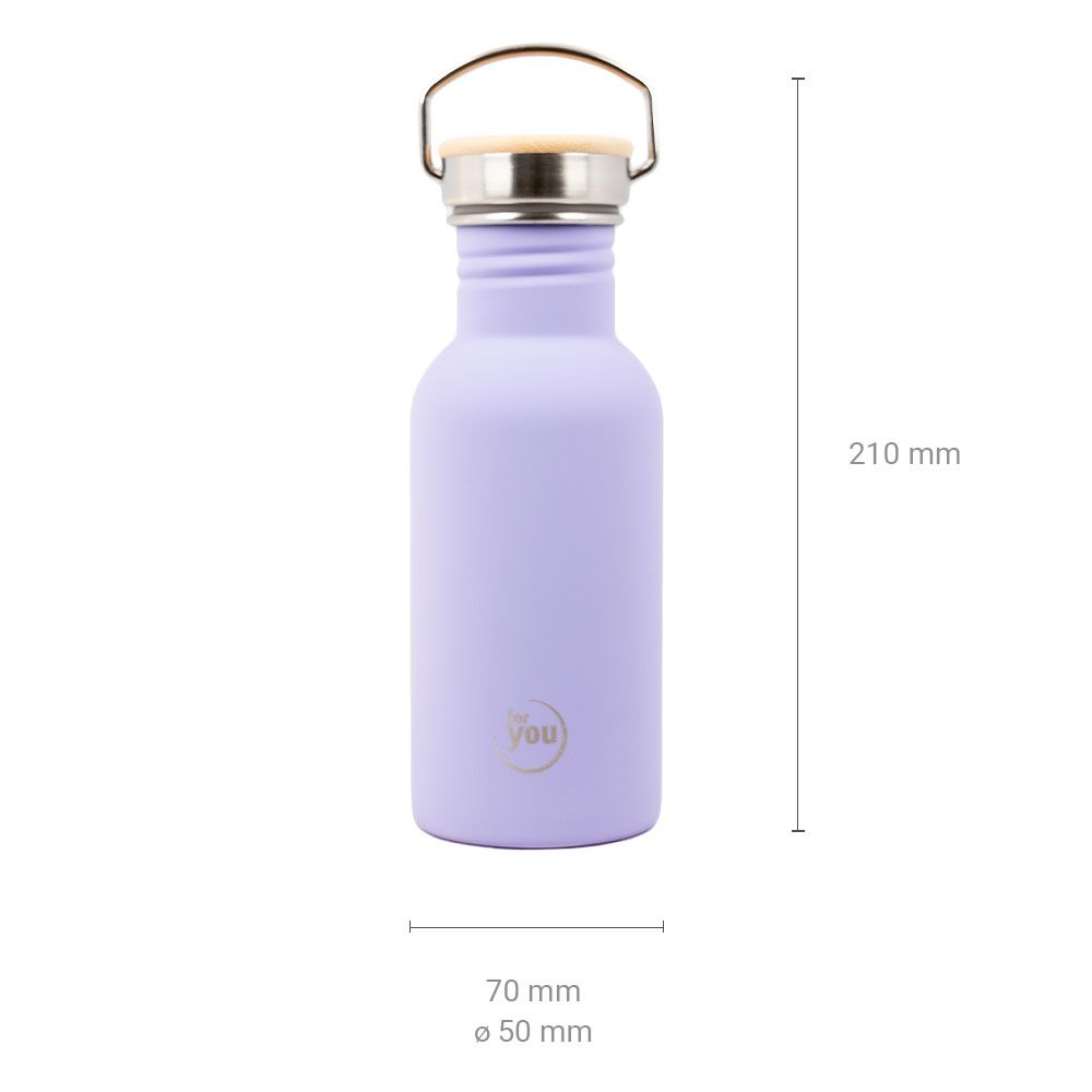 Lila Trinkflasche, Höhe 210 mm, Breite 70 mm, Durchmesser 50 mm.