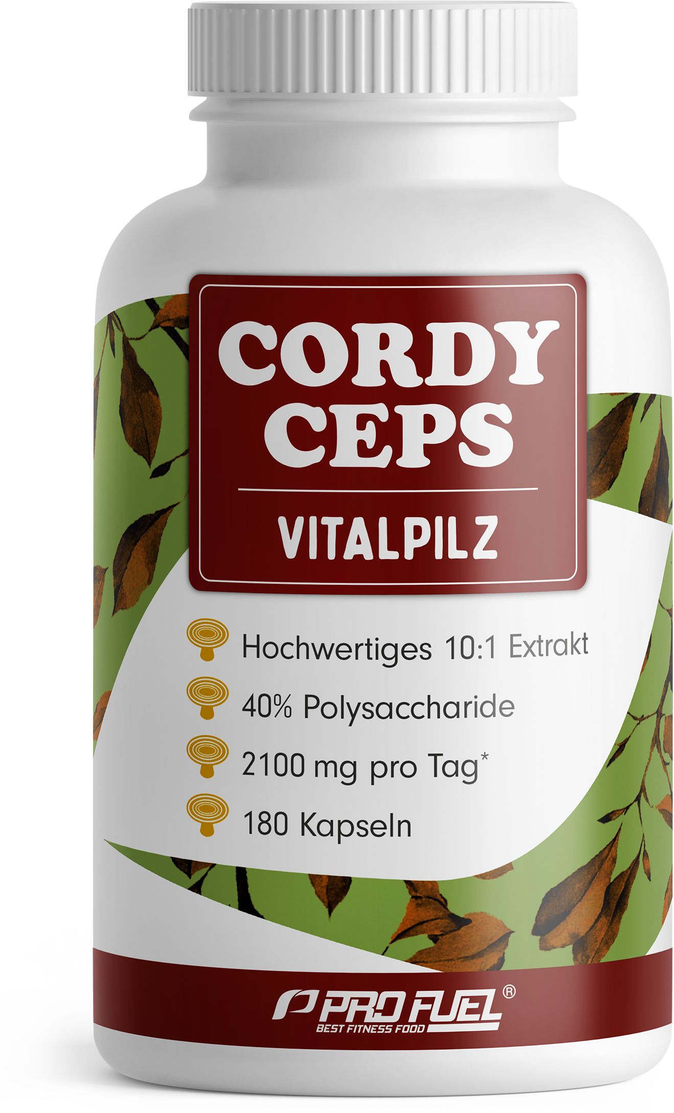 Weiße Flasche mit Cordyceps Vitalpilz Kapseln. Roter Aufkleber mit Text. Blätter-Design. ProFuel Logo.