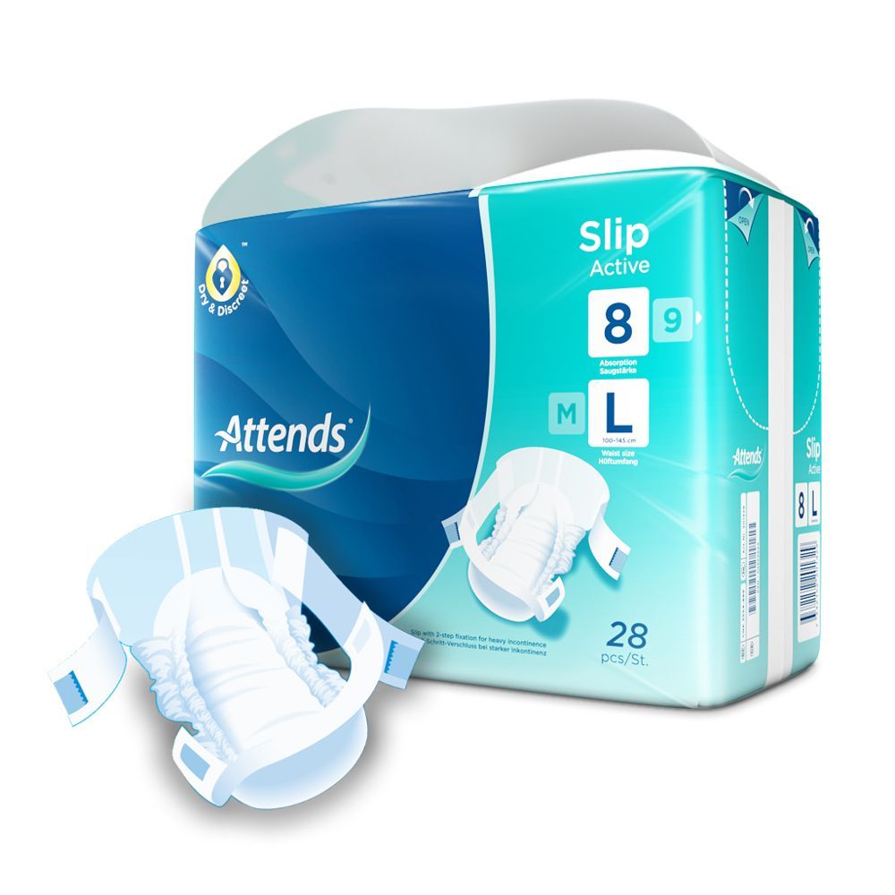 Attends Slip Active 8 L. Packung und Inkontinenzprodukt. Produkt mit blauen Verschlüssen. Größe L, 28 Stück.