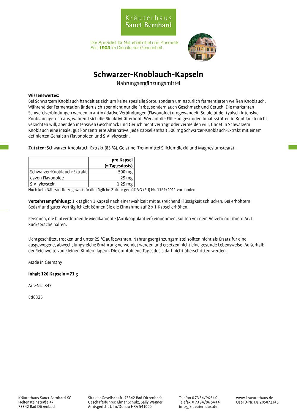 Produktinformationen zu Schwarzer-Knoblauch-Kapseln. Text mit Nährwertangaben, Zutaten und Herstellerinformationen.