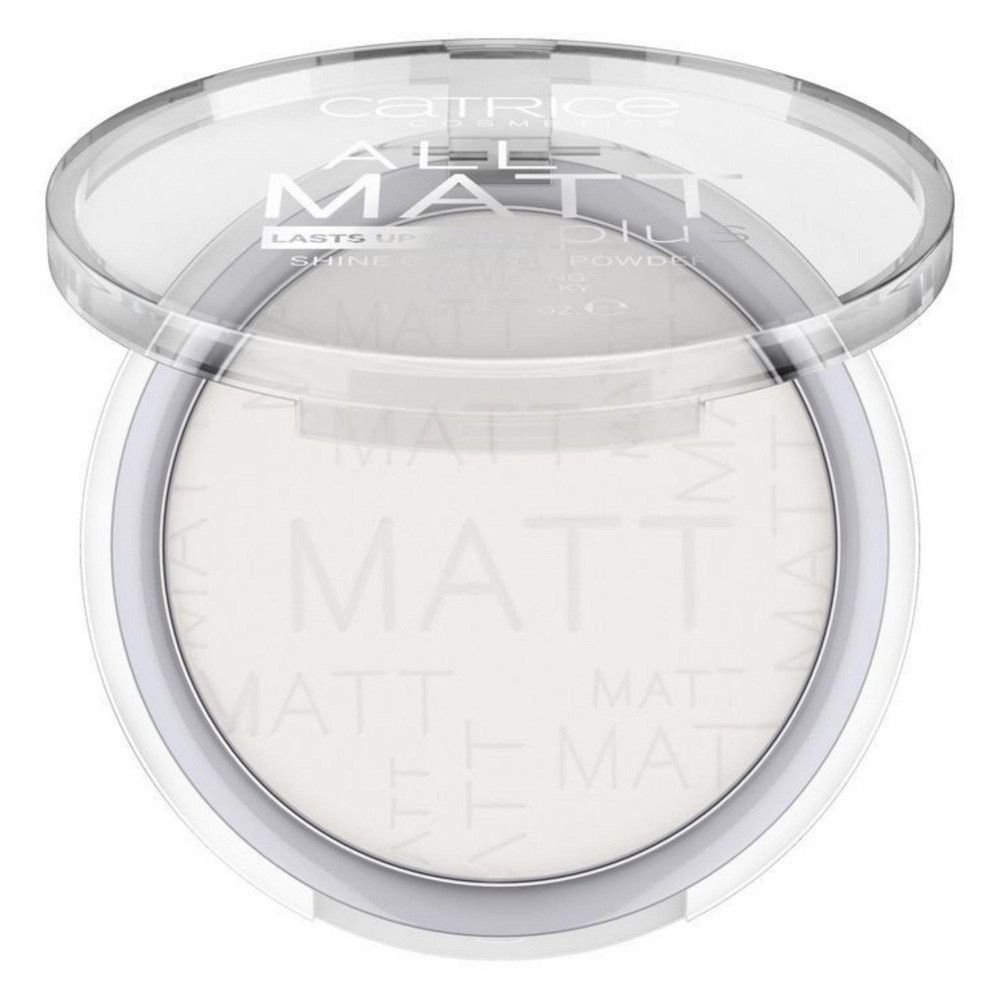 Weißer Puder in geöffnetem, rundem Behälter mit durchsichtigem Deckel. Aufschrift: Catrice, All Matt Plus, Shine Control Powder.