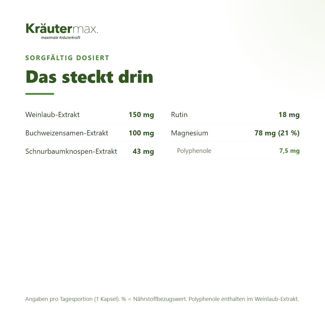 Übersicht der Inhaltsstoffe von Kräutermax Weinlaub plus: Weinlaub-Extrakt, Buchweizensamen-Extrakt, Rutin, Magnesium.