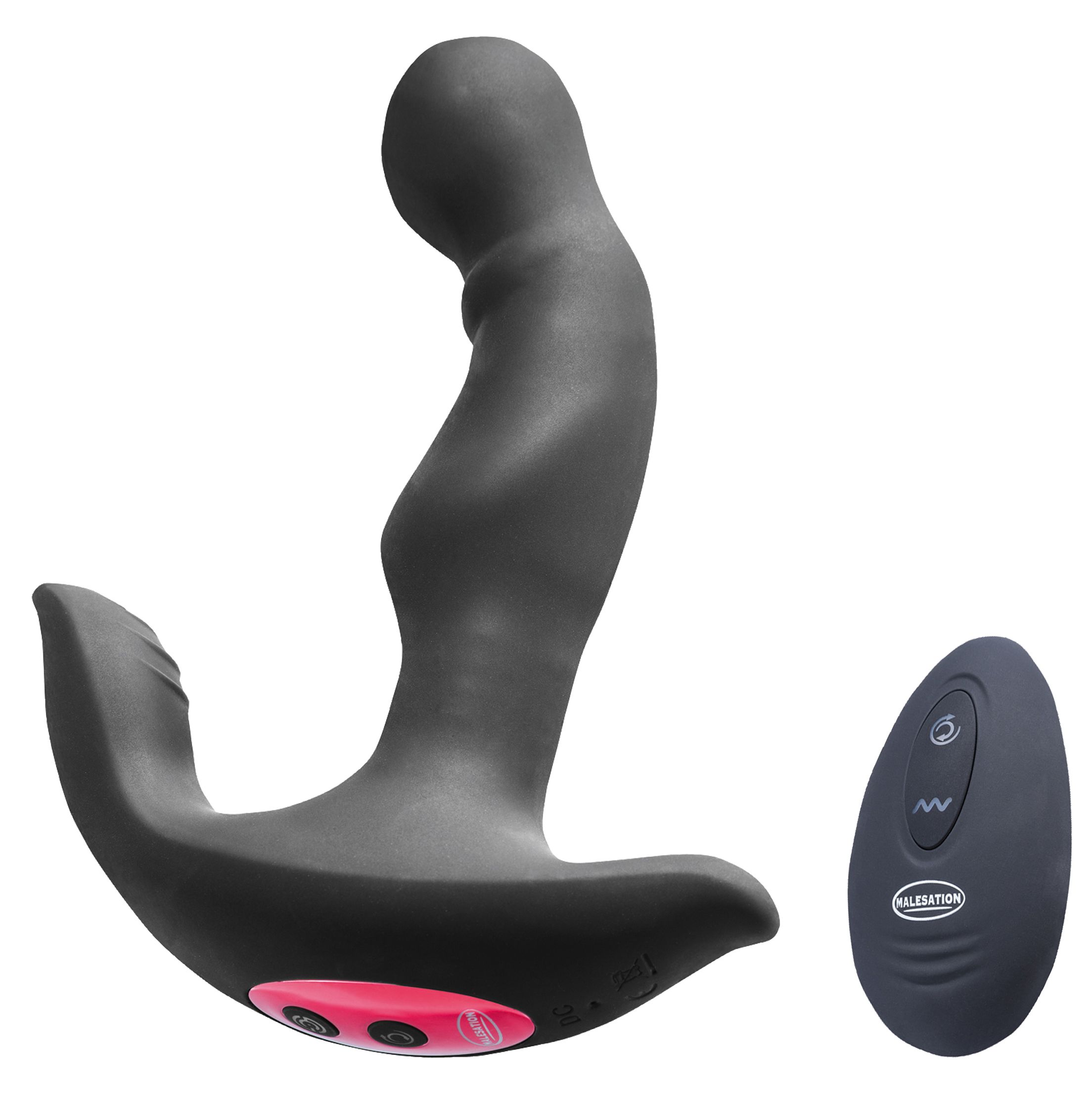 Schwarzes Wellness-Produkt mit geschwungener Form und roter Akzentfarbe. Inklusive Fernbedienung mit Logo.