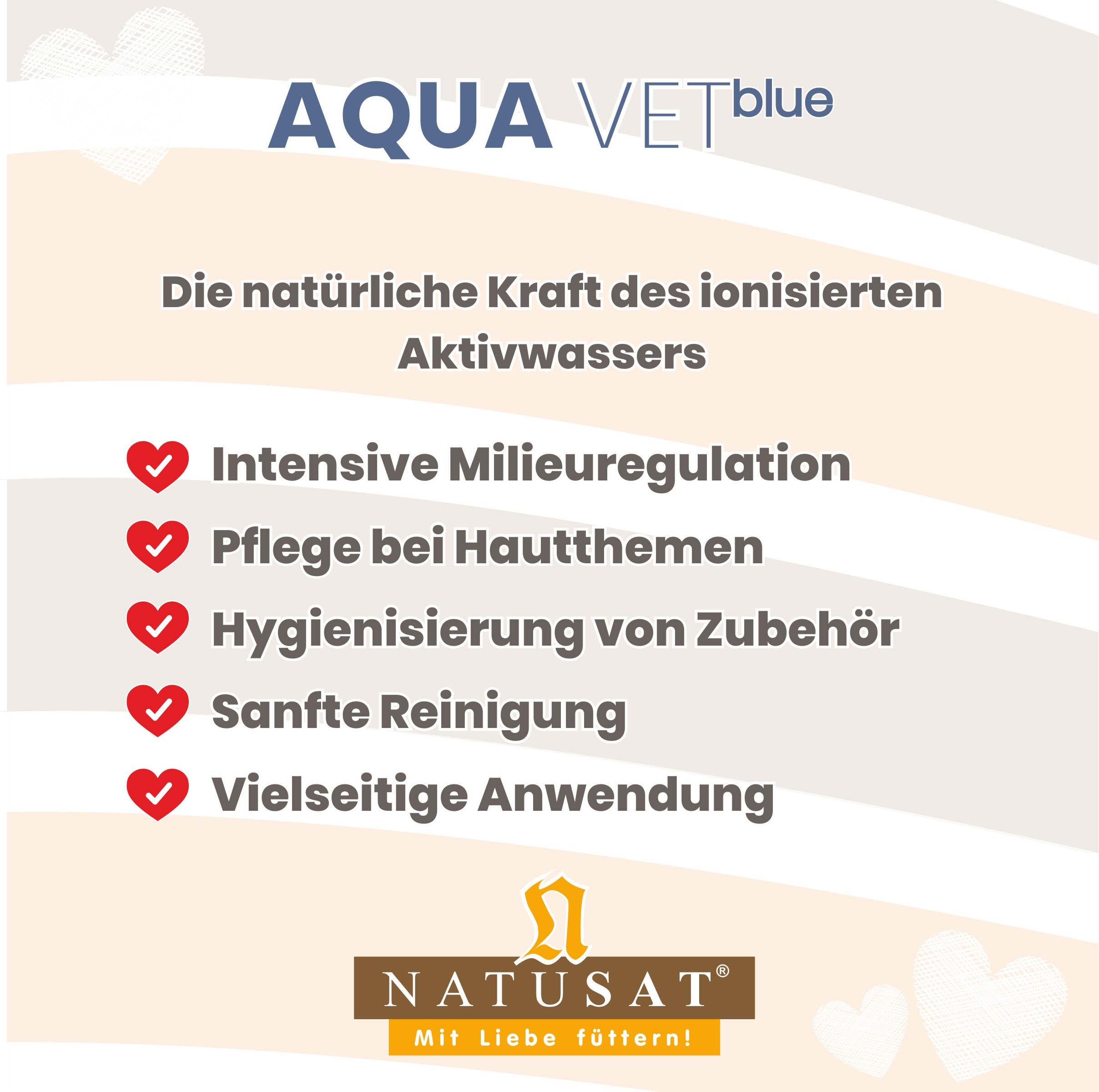 Textgrafik mit Natusat Logo und Stichpunkten zu Aqua Vet blue: Milieu-Regulation, Hautpflege, Hygiene.