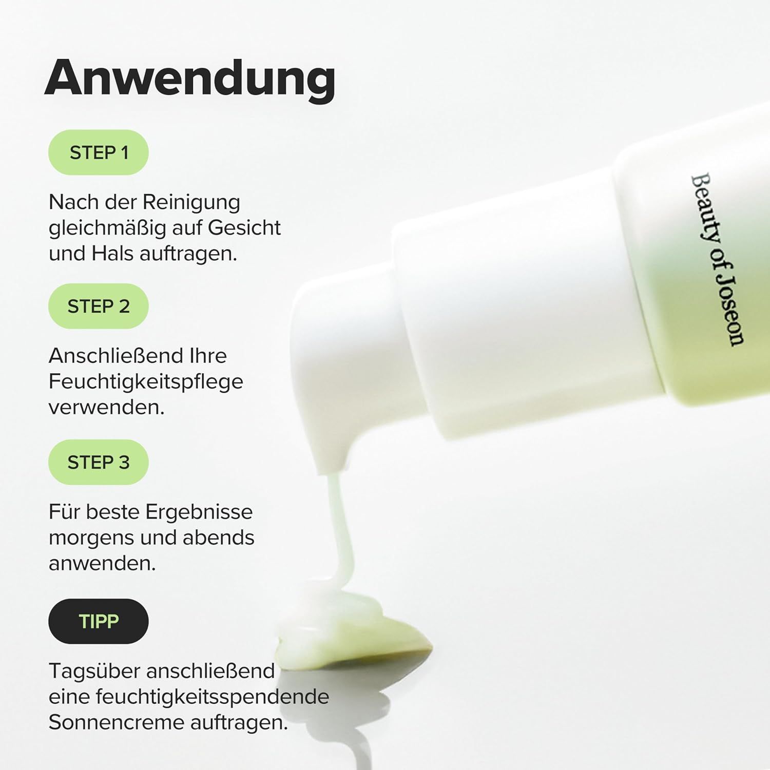 Anwendungsschritte. Text: STEP 1, STEP 2, STEP 3. Marke: Beauty of Joseon.
