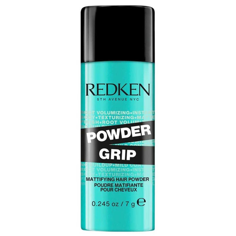 Zylindrische Flasche, türkis, schwarzer Deckel. Text: REDKEN, POWDER GRIP, Mattifying Hair Powder.