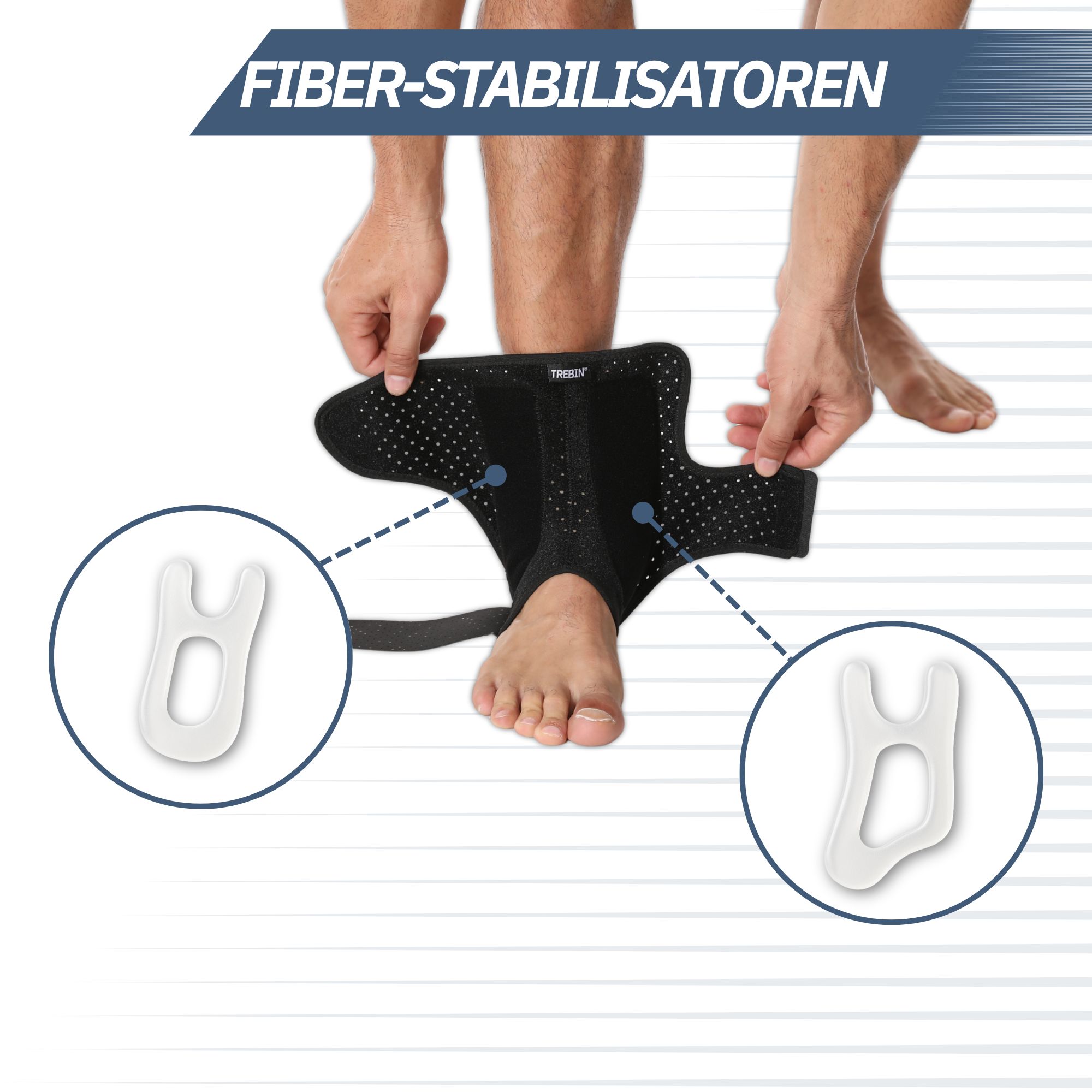 Schwarze Knöchelbandage mit Fiber-Stabilisatoren und zwei weißen U-förmigen Stützpads.