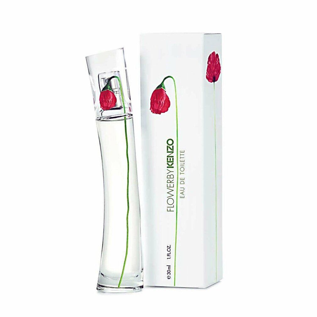 Glasflakon mit roter Blume und grüner Stiel. Weiße Verpackung mit roter Blume. Aufschrift: FLOWERBYKENZO EAU DE TOILETTE.