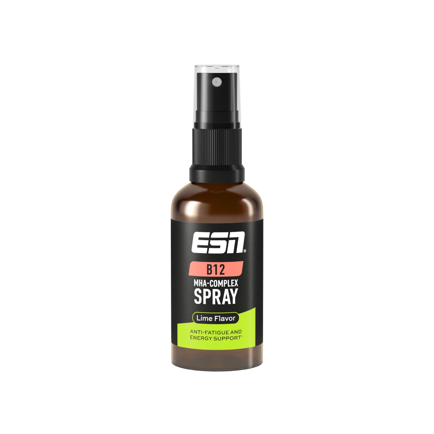 Braune Flasche mit schwarzem Sprühkopf. Etikett mit "ESN B12 MHA-COMPLEX SPRAY".