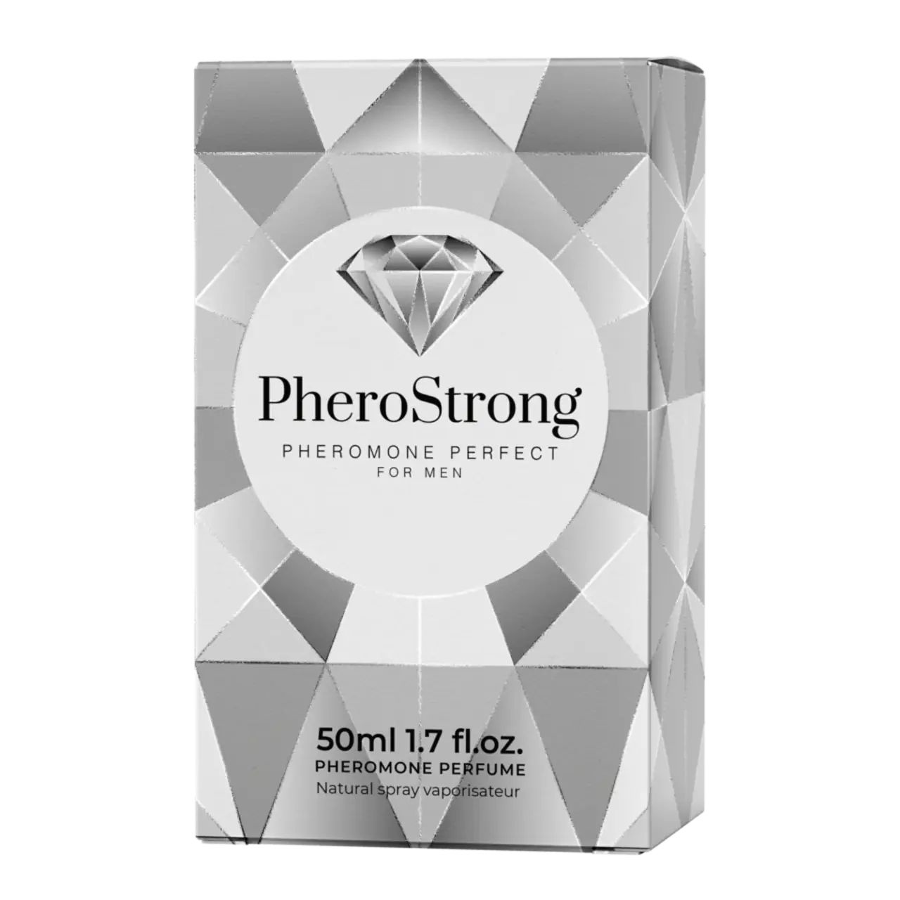 Verpackung mit Diamantmuster und PheroStrong-Logo. Aufschrift „Pheromone Perfect für Männer“. 50ml, 1.7 fl.oz., natürlicher Spray.