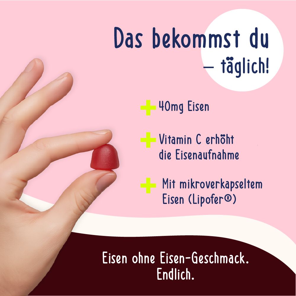 Hand hält ein rotes Gummibärchen. Text: 40mg Eisen, Vitamin C erhöht die Eisenaufnahme, mit mikroverkapseltem Eisen. Eisen ohne Eisengeschmack.