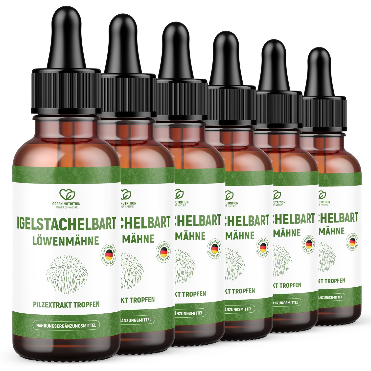 Sechs Flaschen mit Tropfen, braunes Glas, schwarze Pipette. Etikett mit Text: Igelstachelbart, Löwenmähne, Pilzextrakt Tropfen.