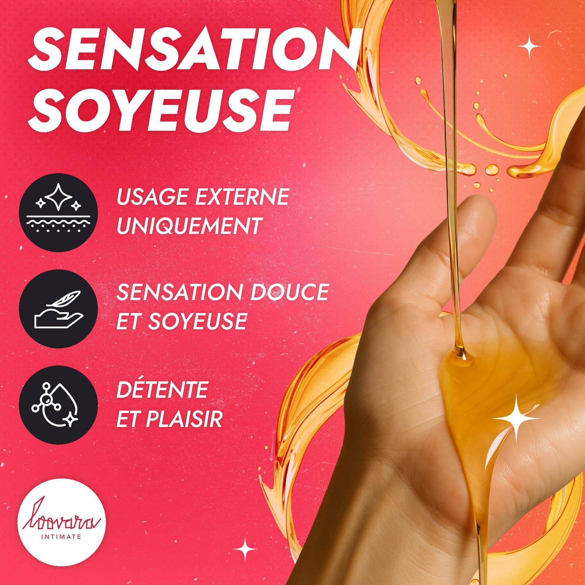 Flasche Loovara Happy Hand Massageöl mit Icons für 'Nur Äußerlich', 'Sanftes Gefühl', 'Entspannung und Vergnügen'.