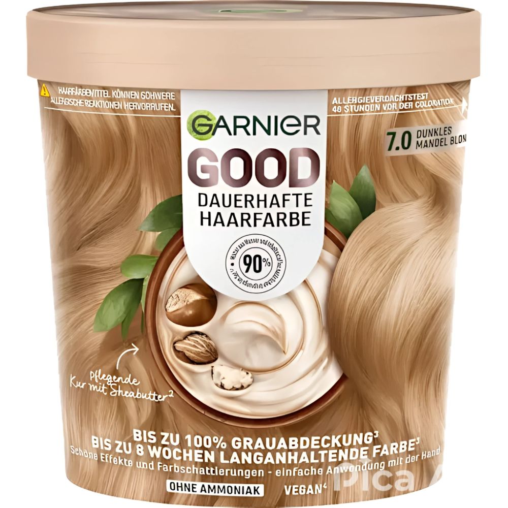 Behälter mit Garnier Good dauerhafte Haarfarbe. Aufschrift: 7.0 Dunkles Mandelblond, bis zu 100% Grauabdeckung, ohne Ammoniak, vegan.