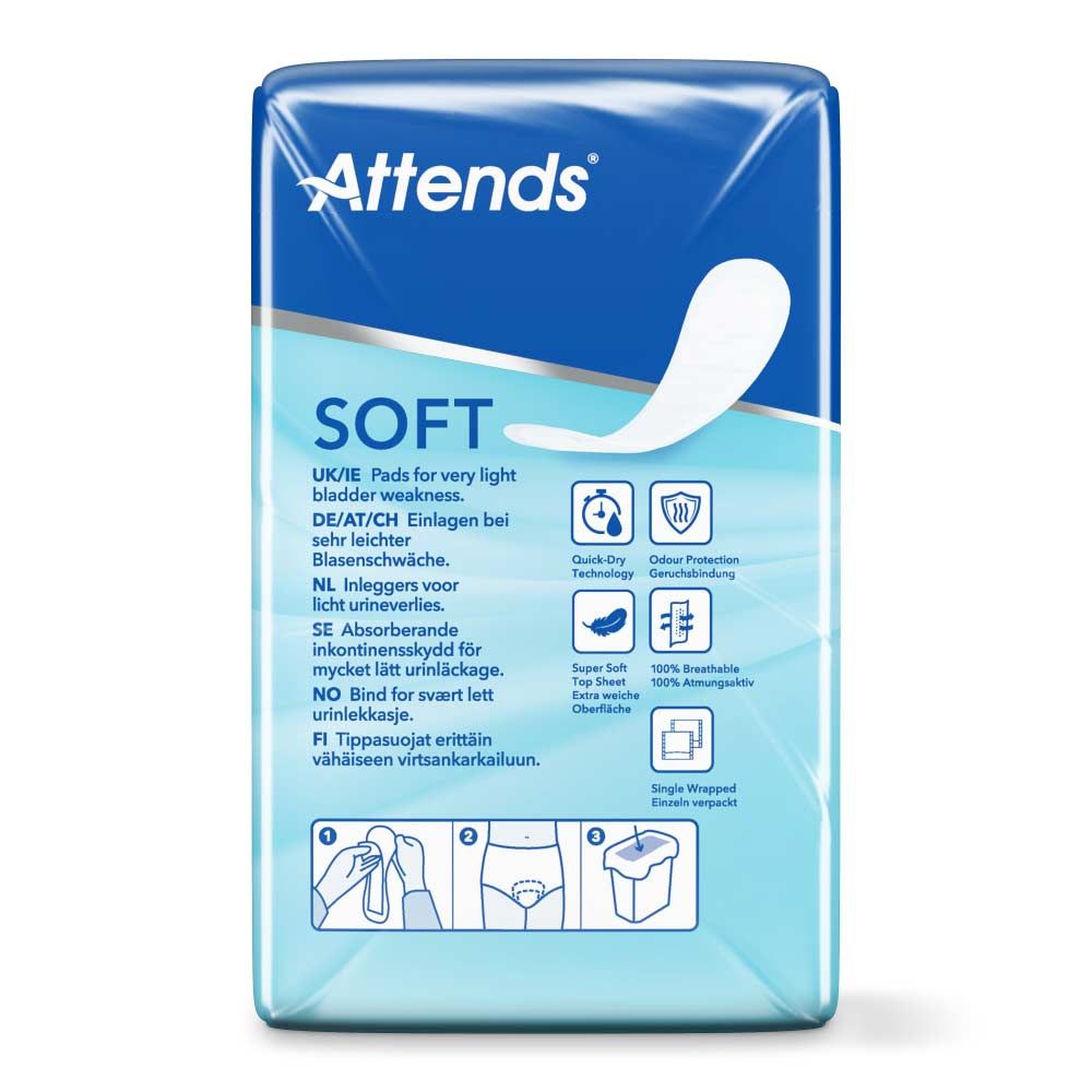 Attends Soft 1 Mini Packung. Blau-weißes Design. Aufdruck: Attends, Soft, Informationen zu Eigenschaften und Anwendung.