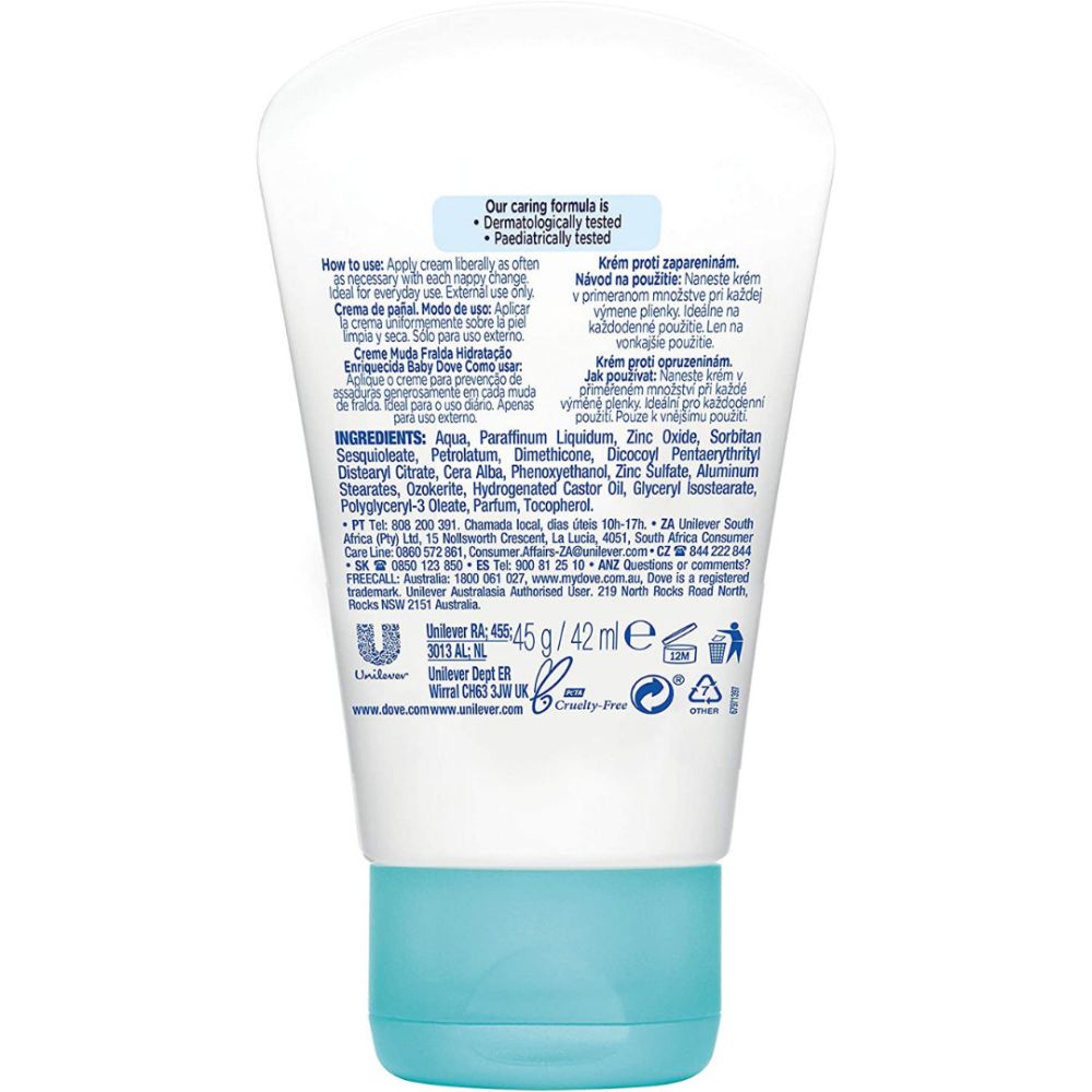 Baby Dove Windelcreme-Tube, Rückseite. Weiße Tube mit blauem Deckel. Text: Inhaltsstoffe, Anwendungshinweise, Cruelty-Free-Logo.