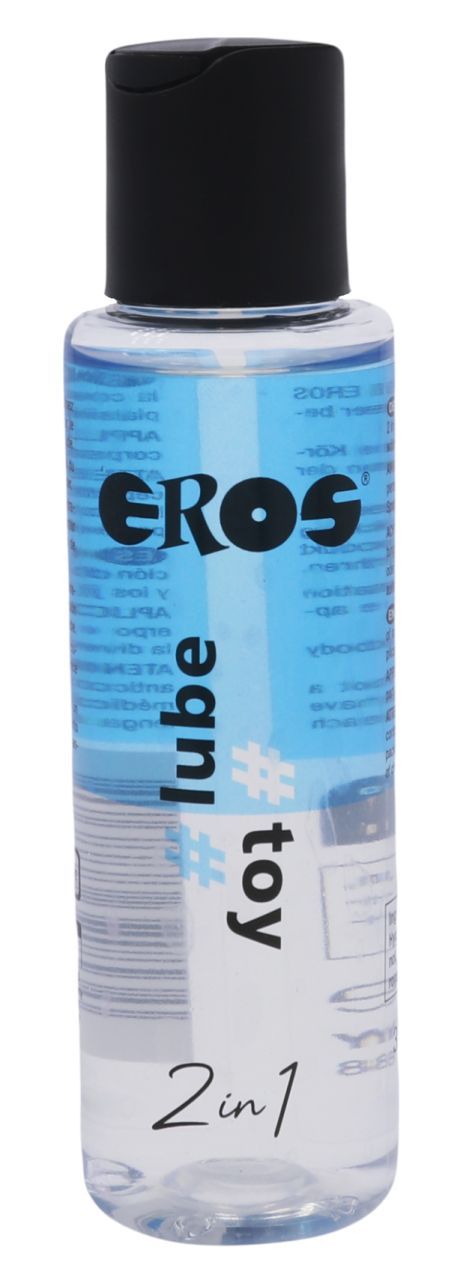 Klarflüssiges Produkt in einer transparenten Flasche. Schwarzer Deckel. Aufschrift "EROS lube toy 2in1".