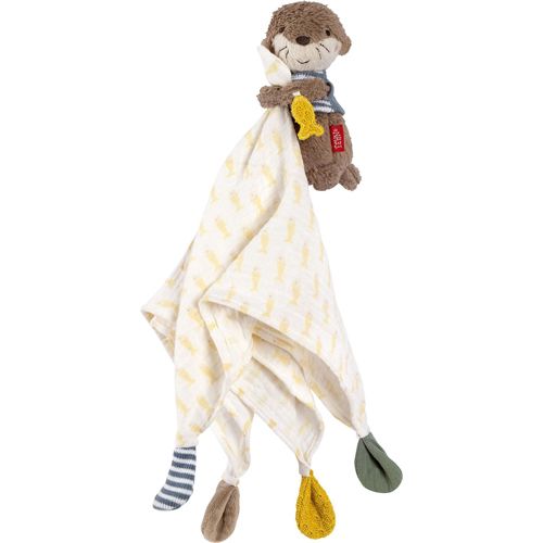 Kuscheltuch mit Otter-Figur. Beige Stoff mit Fischmuster, brauner Otter mit blauem Shirt. Verschiedene farbige Knoten.