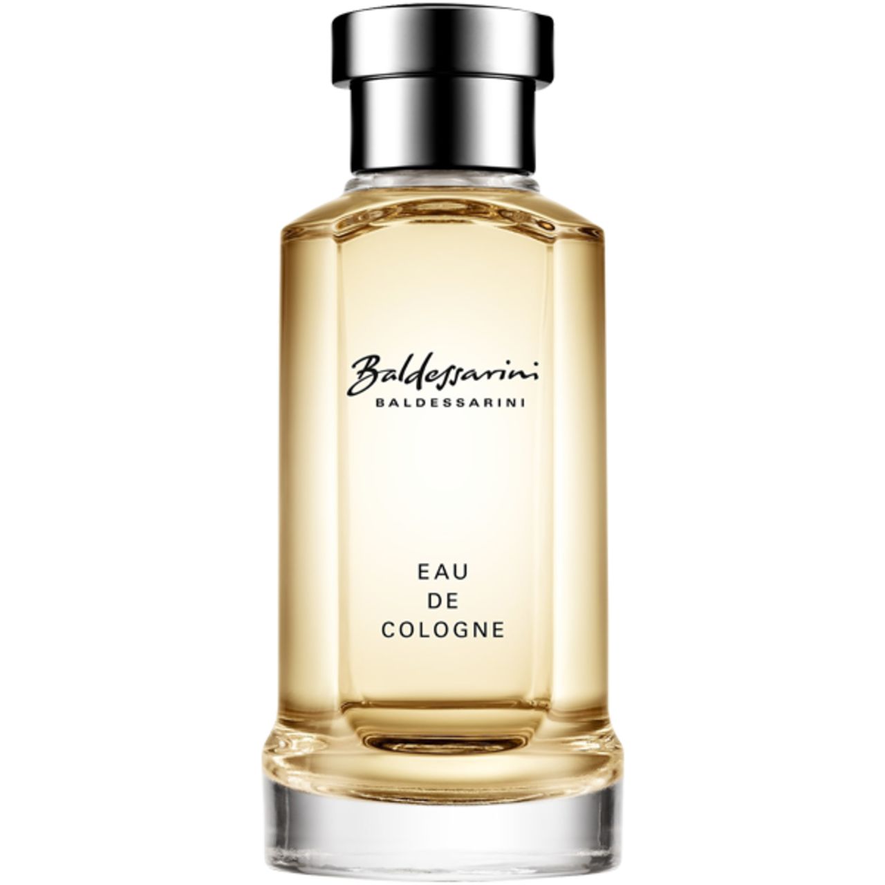 Baldessarini Eau de Cologne Flakon mit silbernem Verschluss und klarem Glas.